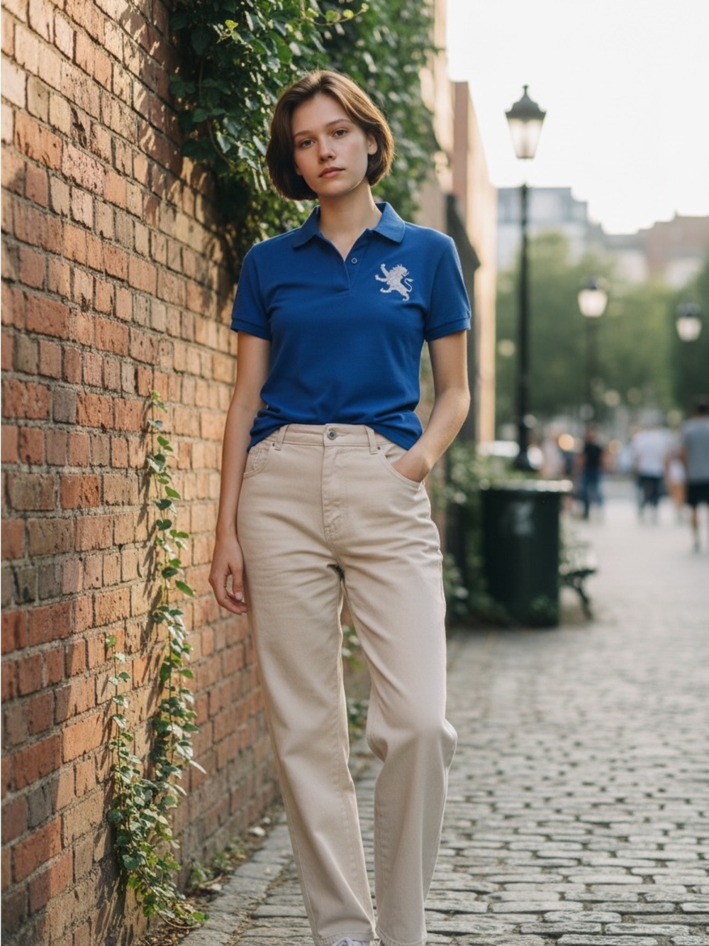 Women's Royal Blue Cotton Polo Top with Embroidered Lion